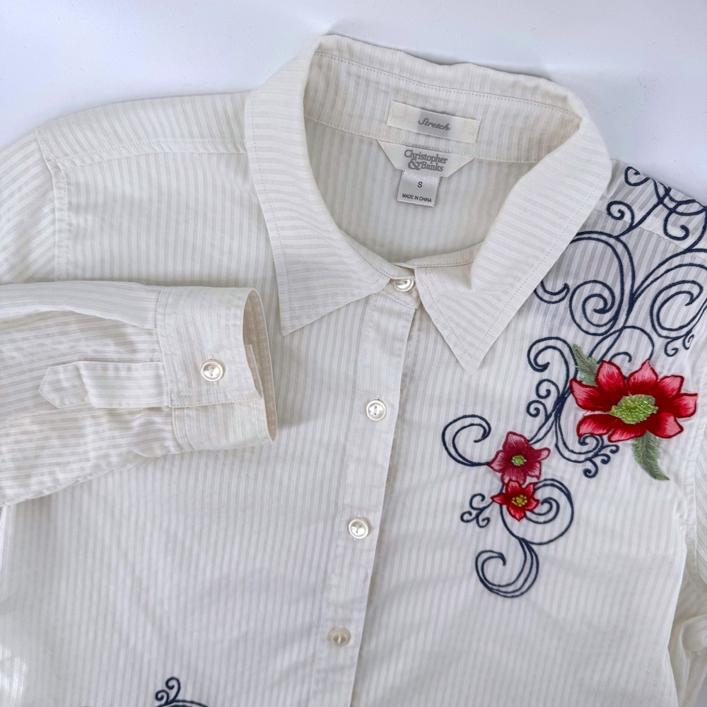 Christopher & Banks Button Up Small White Floral Embroidered Stripe LS Shirt